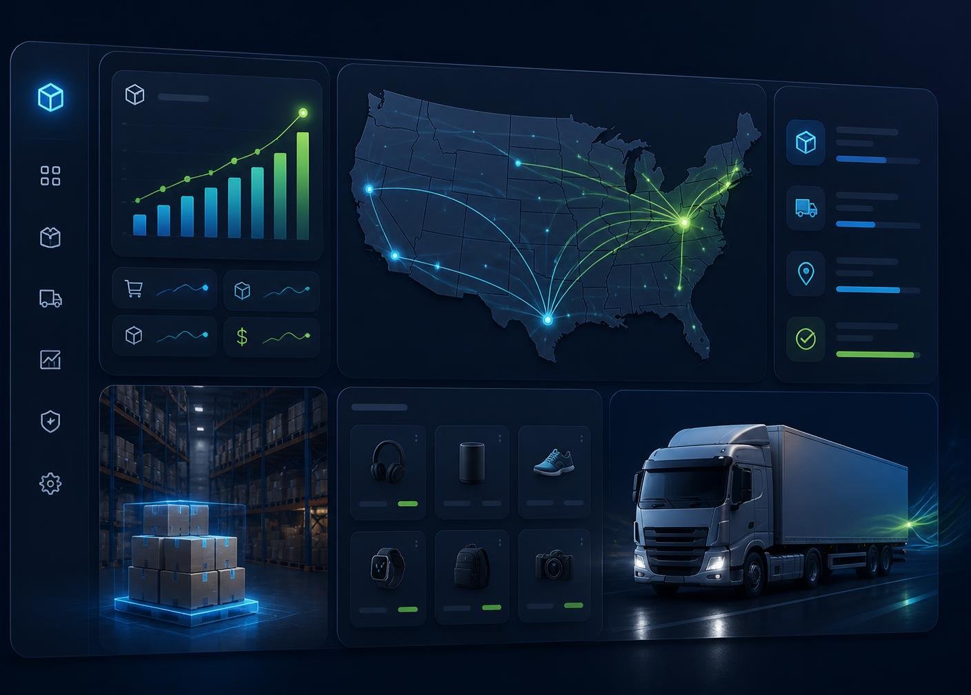 Bastakiya Co warehouse dashboard showing US shipping routes, live order analytics, and same-day fulfillment